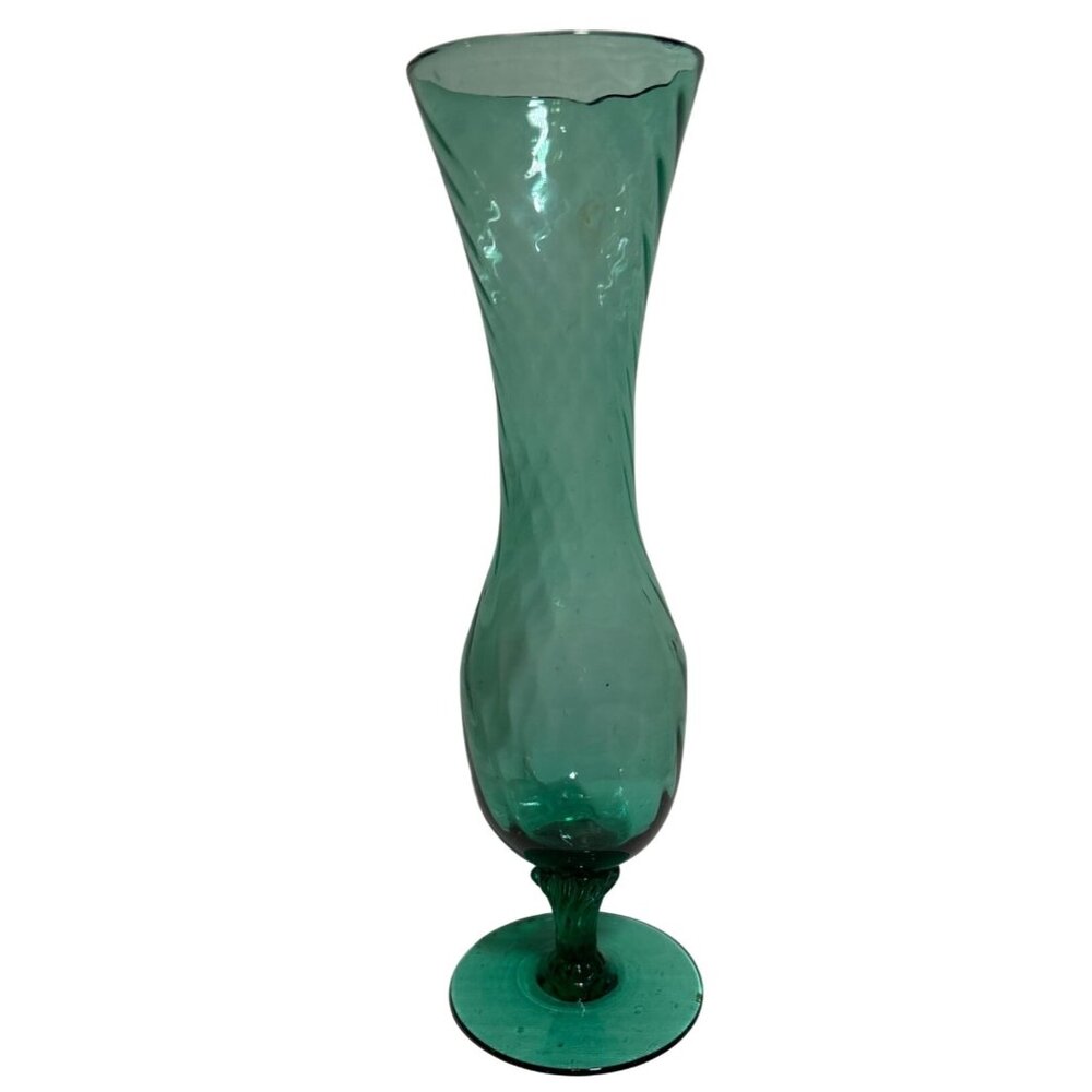 Vintage Hand-Blown Green Glass Vase With Swirl Pattern Pedestal Base 8" MCM
